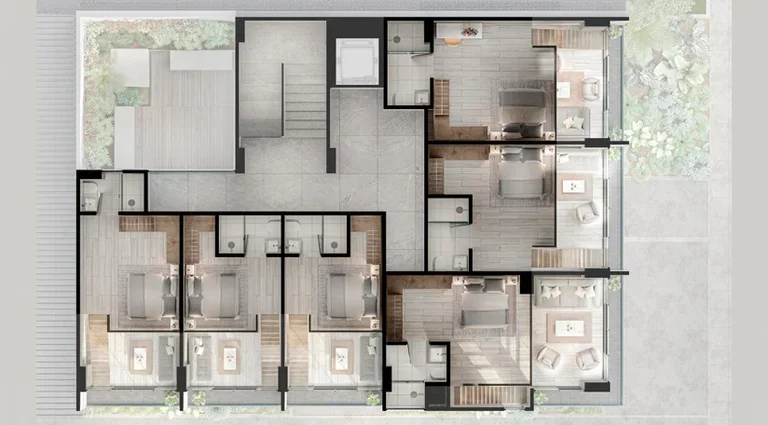 Vista arquitectónica de estancia de doble altura